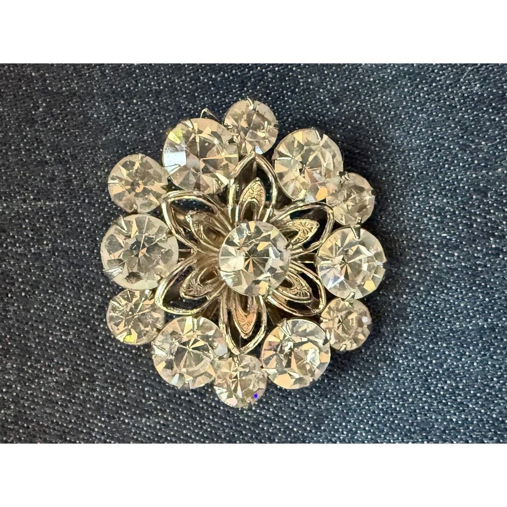 Vintage Clear‎ Rhinestone Floral Brooch Silver Tone Mid Century Flower Pin